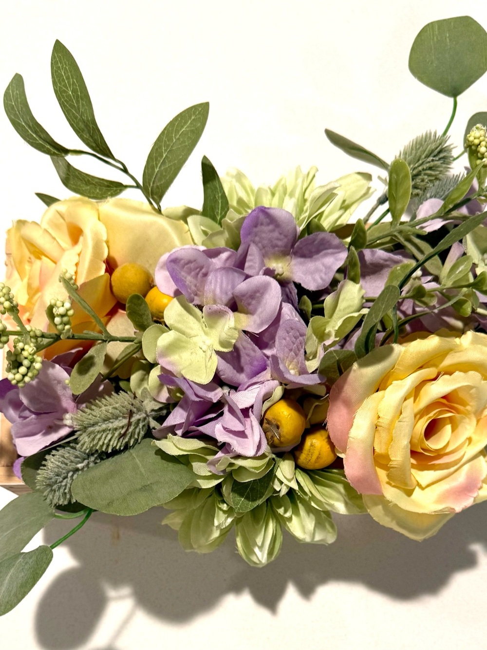 Artificial Floral Centerpiece with Yellow Roses and Purple Hydrangea - Unbranded